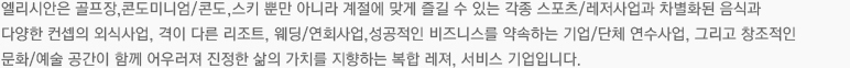 엘리시안은 골프장,콘도미니엄/콘도,스키 뿐만 아니라 계절에 맞게 즐길 수 있는 각종 스포츠/레저사업과 차별화된 음식과 다양한 컨셉의 외식사업, 격이 다른 리조트, 웨딩/연회사업,성공적인 비즈니스를 약속하는 기업/단체 연수사업, 그리고 창조적인 문화/예술 공간이 함께 어우러져 진정한 삶의 가치를 지향하는 복합 레져, 서비스 기업입니다. 