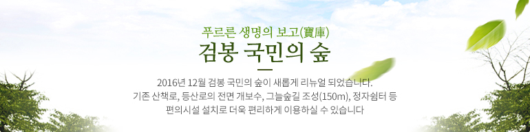 푸르른 생명의 보고 검봉 국민의 숲, 2016년 12월 검봉 국민의 숲이 새롭게 리뉴얼 되었습니다.
								기존 산책로, 등산로의 전면 개보수, 그늘숲길 조성(150m), 정자쉼터 등 편의시설 설치로 더욱 편리하게 이용하실 수 있습니다.
